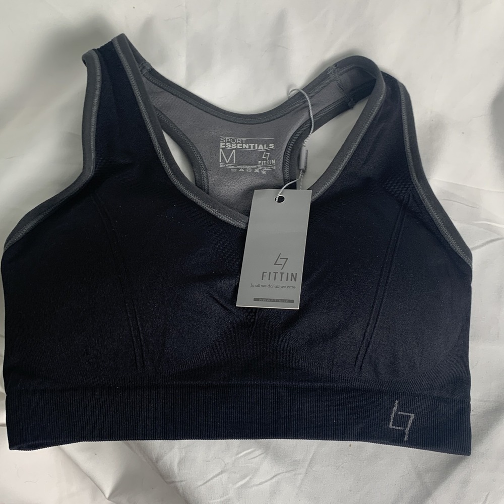 Fittin Sport Essentials Women's Sports Bra Medium Support Racerback Black Gray
